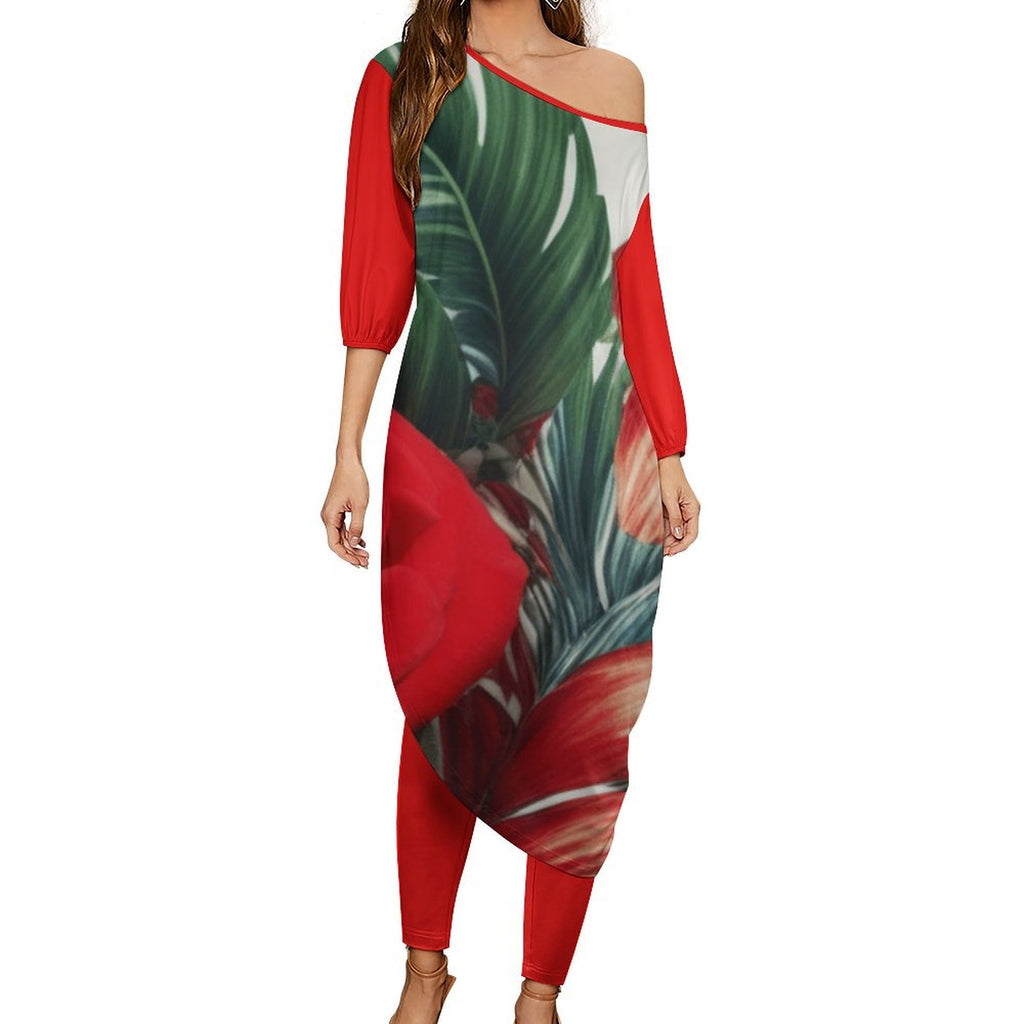 Women's off shoulder two-piece set featuring a diagonal shoulder top and matching trousers in soft fabric