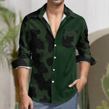 Side-pattern green camo men's long-sleeve V-neck button-up casual shirt — alternate view