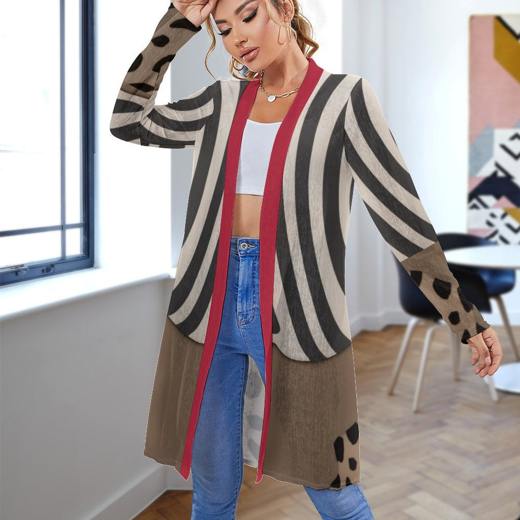Rich and Rich Women's Brown Beige Red Striped Mid-Length Cardigan Front View