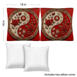 Two crimson tribal-pattern faux linen throw pillows 18 x 18 with soft inserts — side view