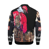 Red unisex bomber jacket with caricature graphics, ribbed collar, zip front and pouch pockets — additional view 7