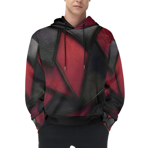 R&RH Burgundy and Black Diagonal Design Men's Long Sleeve Hoodie with Drawstring Hood and Kangaroo Pocket