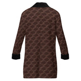Chocolate brown men's double-breasted coat with circular geometric pattern and sherpa lining — side view