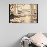Rich and Rich White Lotus Sanctuary in Golden Light Framed Art 36×24inch