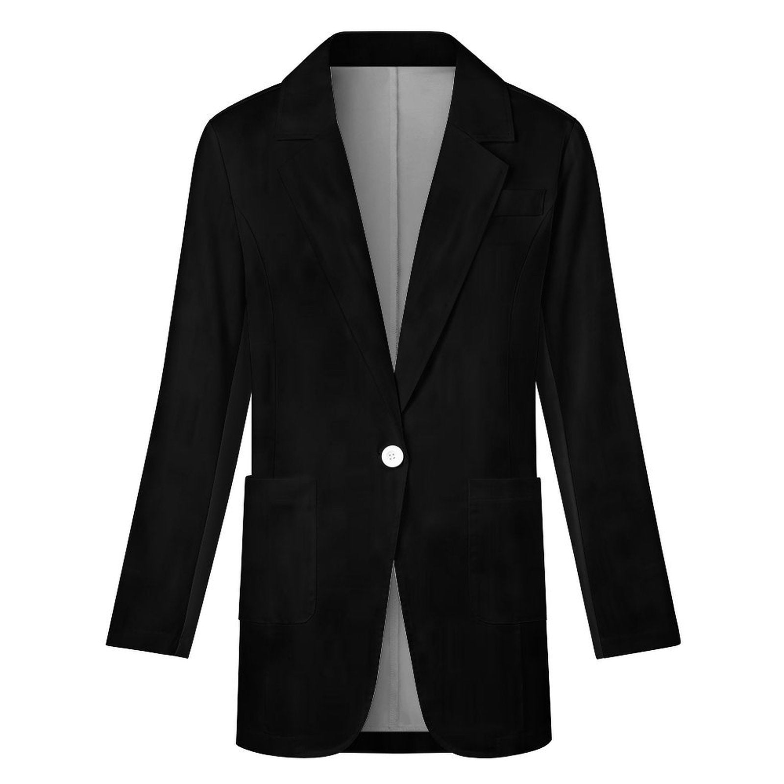 Black women's blazer in polyester with flat lapel, long sleeves and two pockets in a regular fit — side view