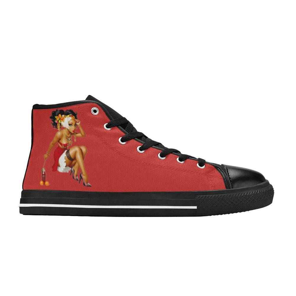 Red women's high-top canvas sneakers with lace-up closure and painted midsole — side view