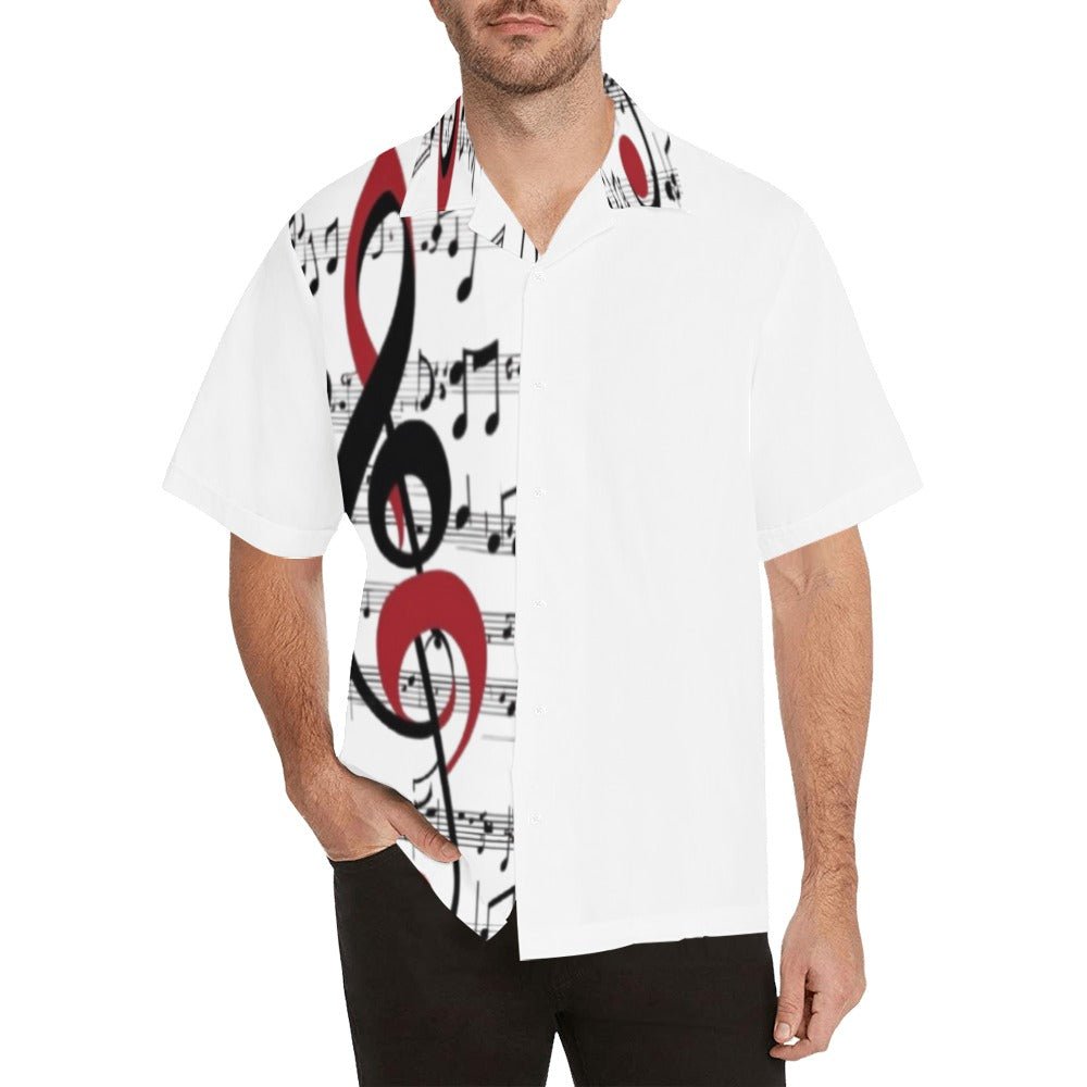 Men's Hawaiian-style shirt with musical notes all-over print, short sleeves and notch lapel