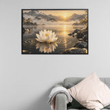 Rich and Rich White Lotus on Golden Ripples Black Framed Art Print 36×24inch