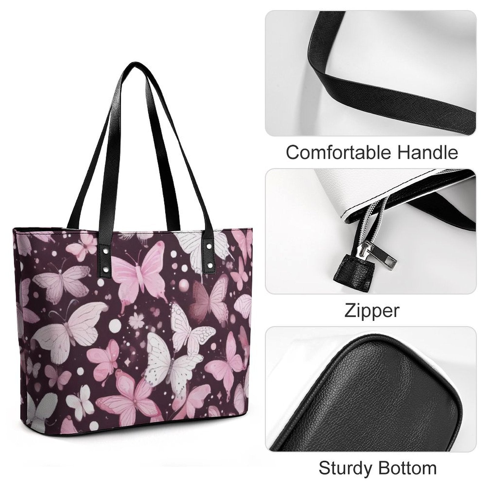 R&RH Pink Butterflies Leather Women's Handbag with zipper and butterfly print