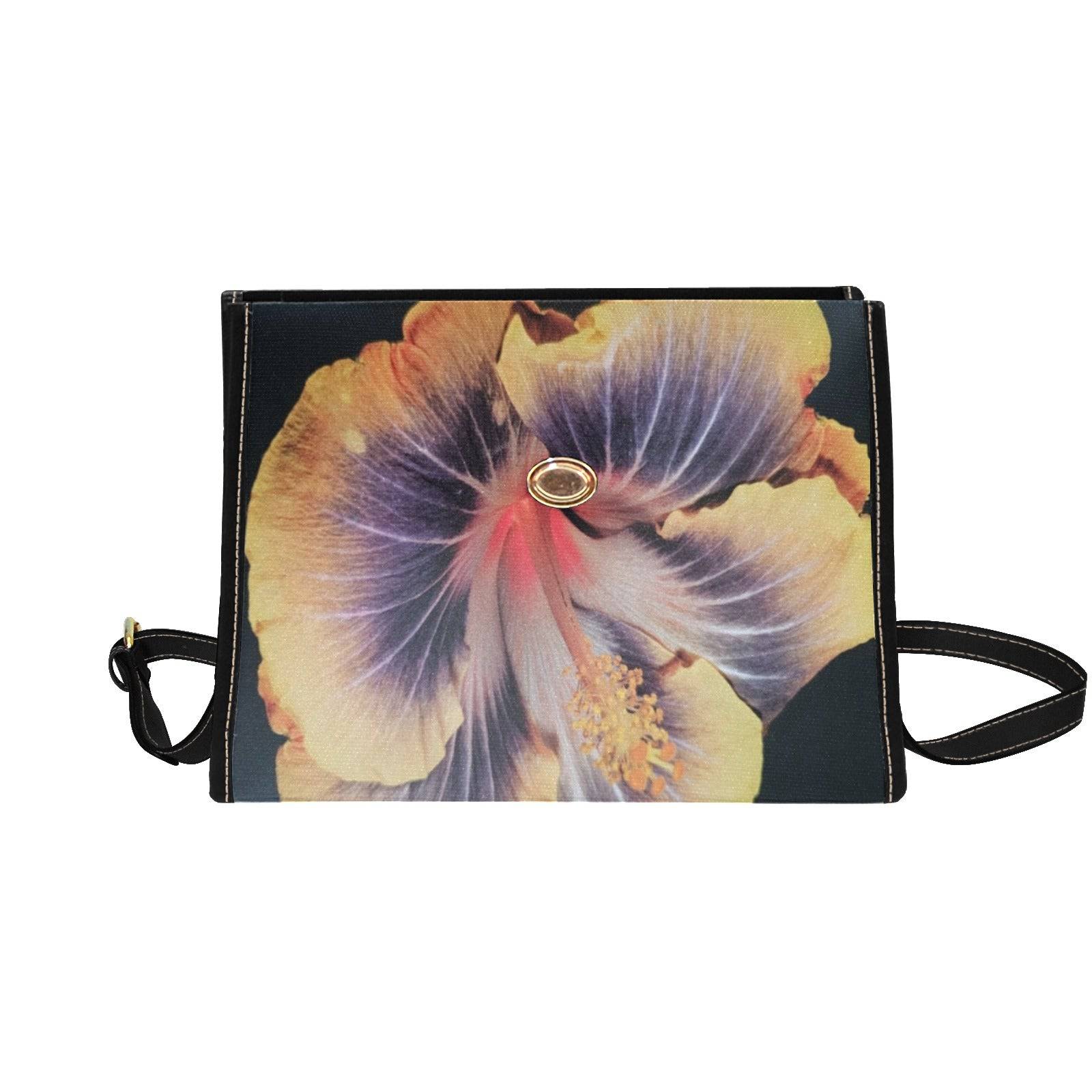 R&RH Exotic Flower Women's Waterproof Black Canvas Handbag with PU leather handles