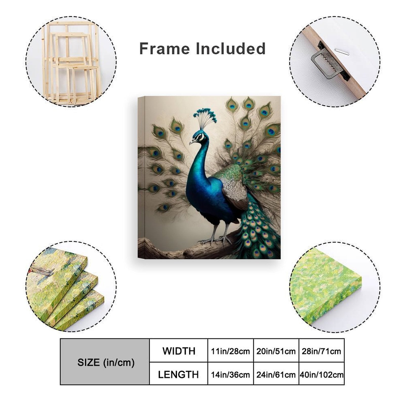 Vertical peacock canvas painting in blue and green tones, hand-framed 20×24 inches — alternate view