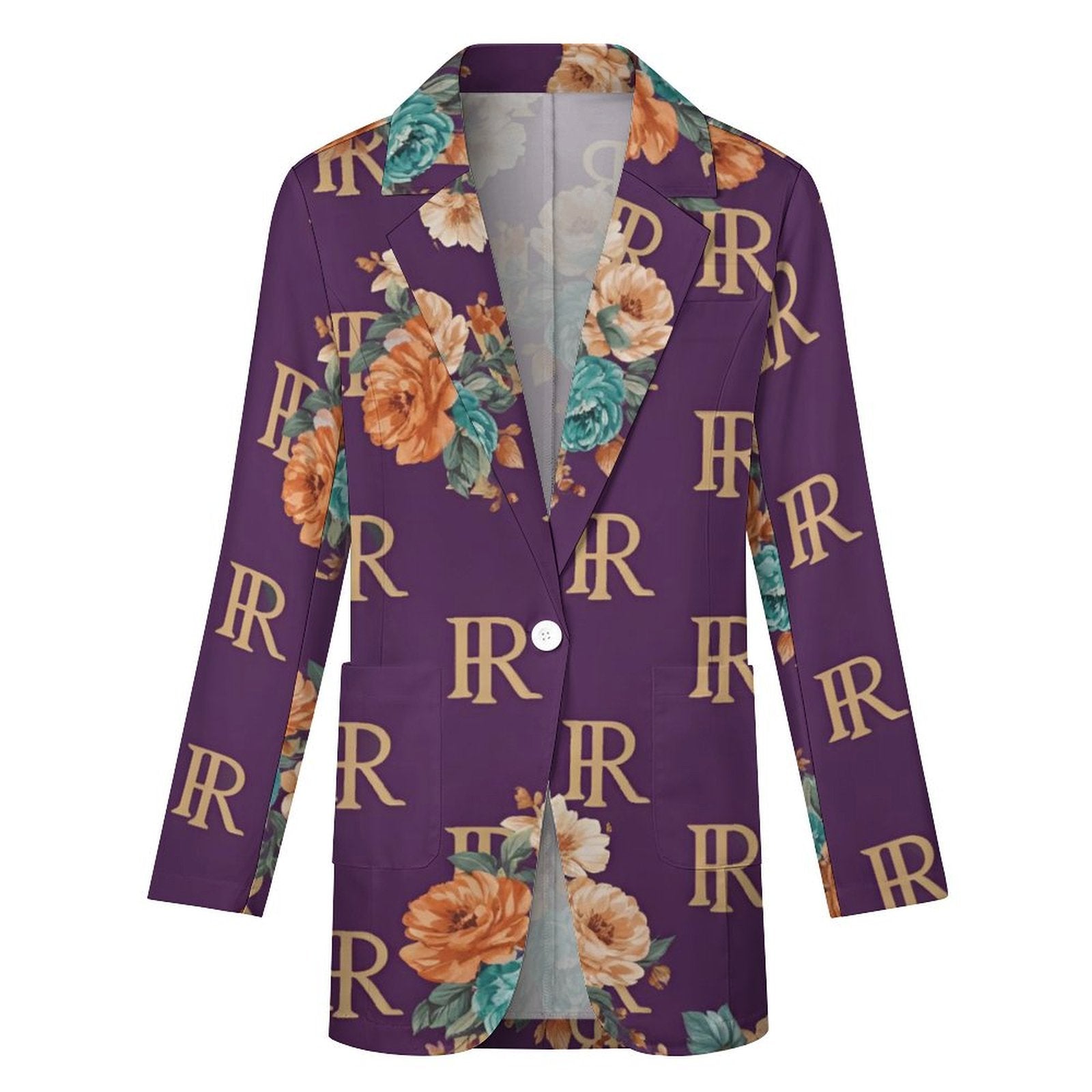 Purple women's casual suit blazer with flat lapel and two front pockets — rear view