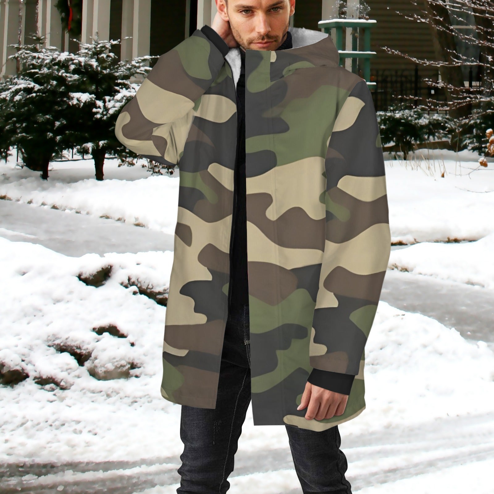 R&RH Camo Green Men's Mid-Length Hooded Coat with fleece lining and hood
