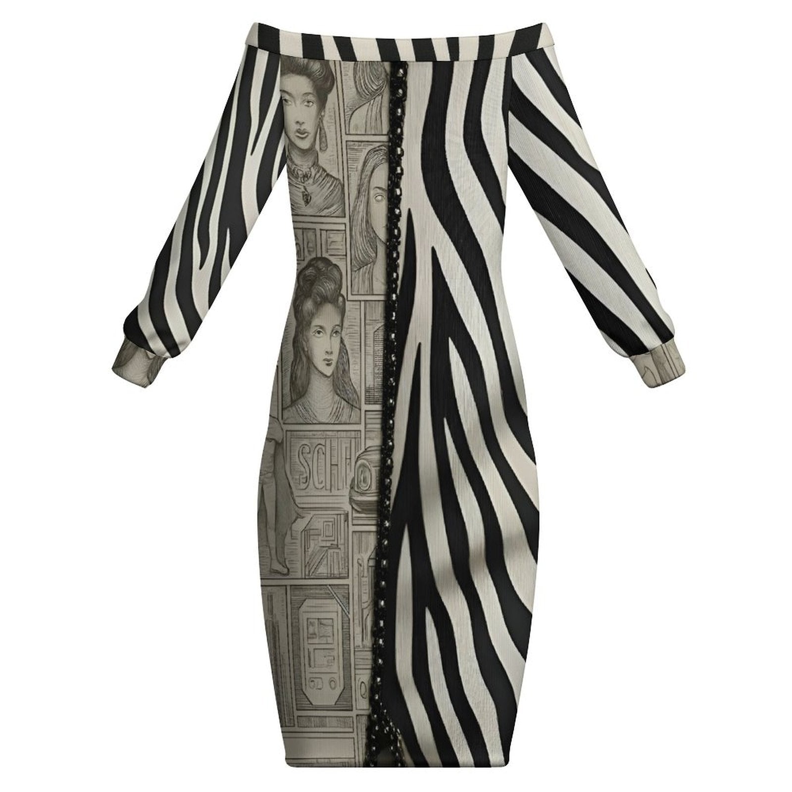 Off-the-shoulder black and beige midi bodycon dress with long sleeves — alternate view