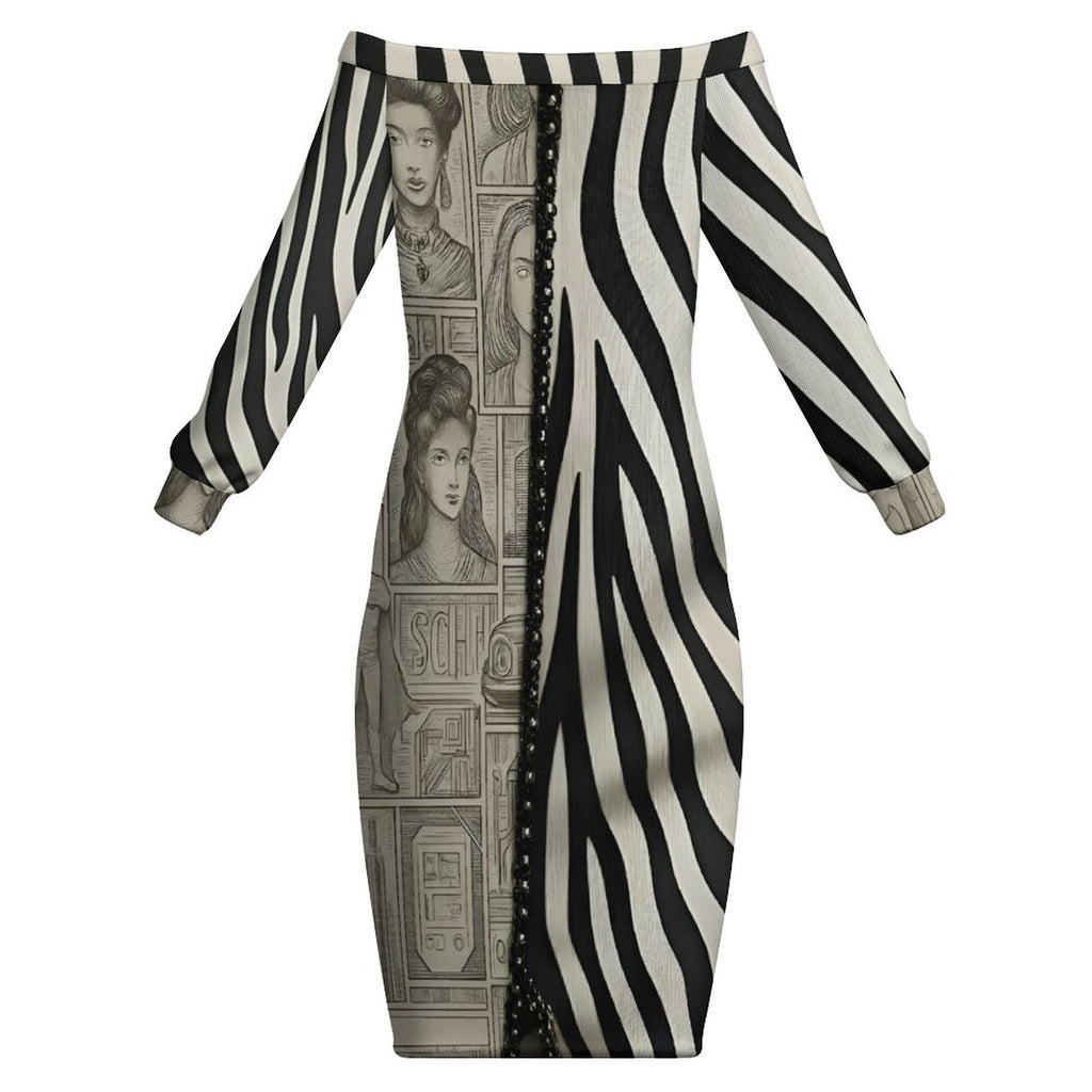 Rich and Rich Black and Beige Print Women's Off Shoulder Long Sleeve Dress