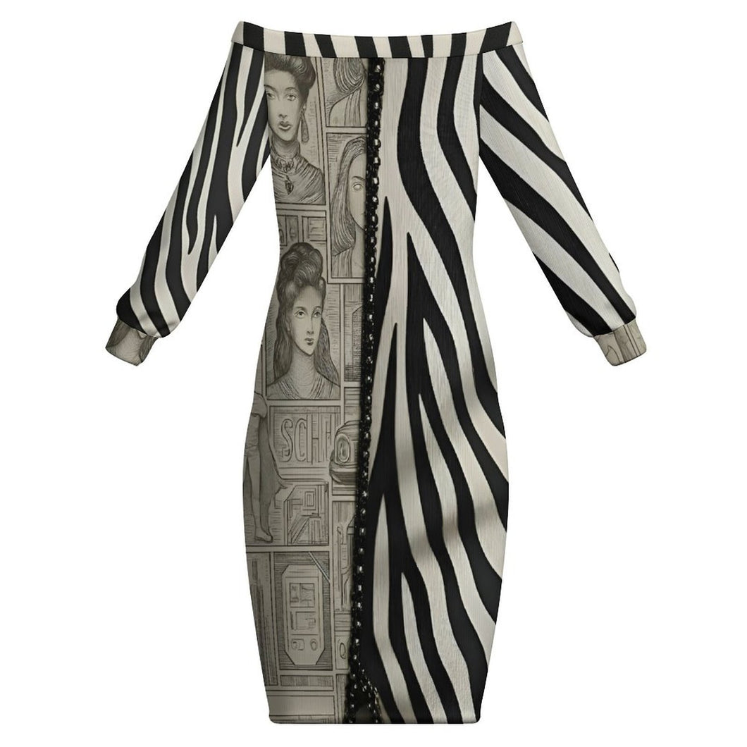 Rich and Rich Black and Beige Print Women's Off Shoulder Long Sleeve Dress