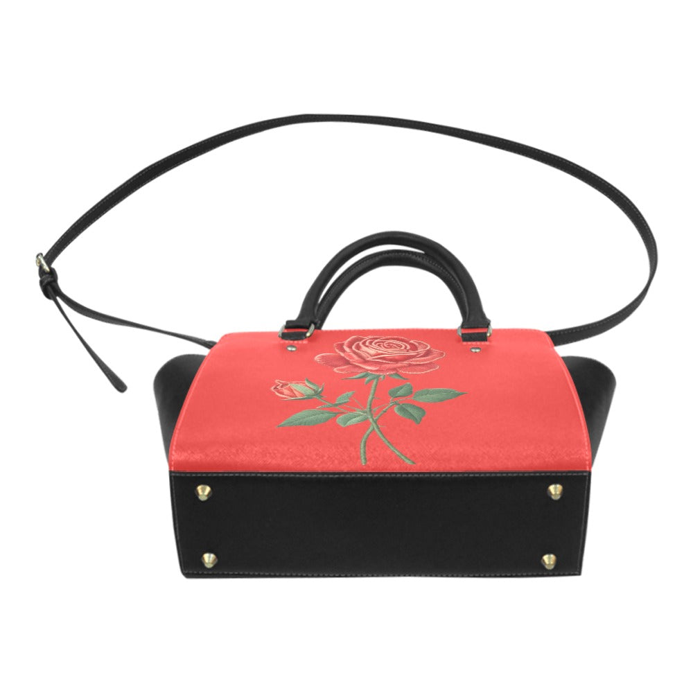 R&RH Red Roses Classic Women's Shoulder Handbag in red PU leather with double handles and adjustable shoulder strap