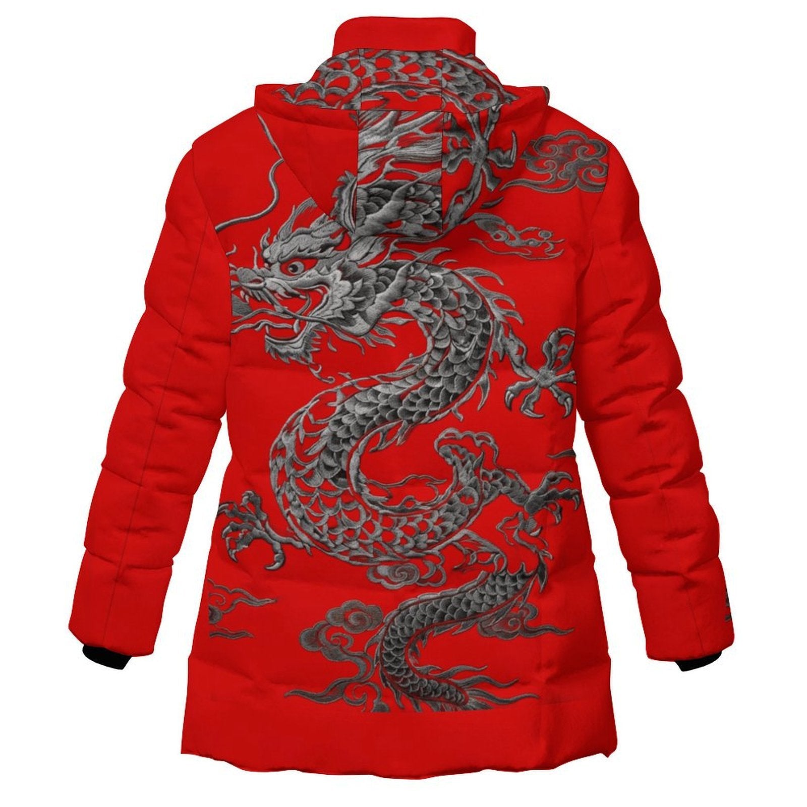 Back view of red puffer coat featuring large grey dragon illustration