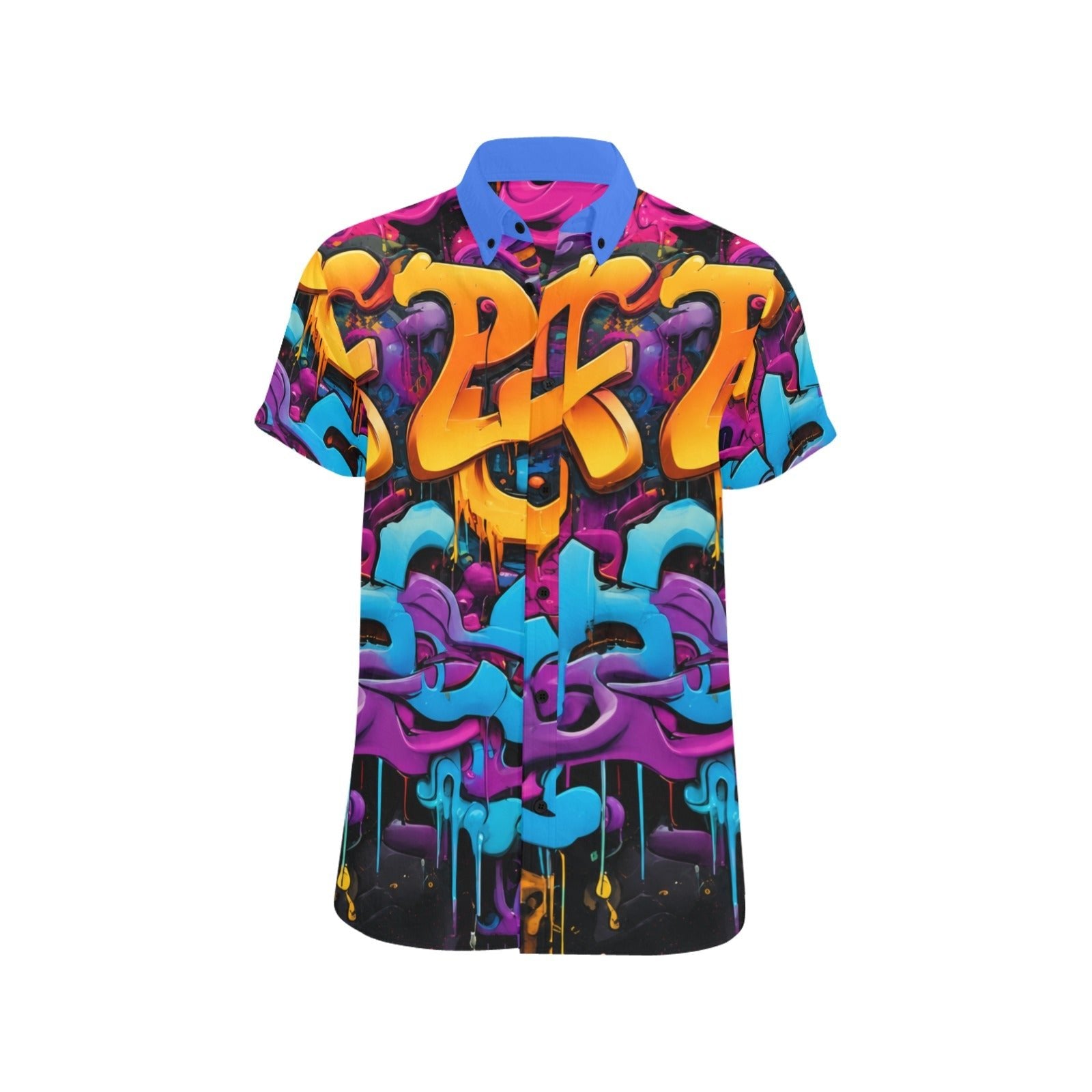 Short-sleeve button-down shirt with graffiti print and contrasting blue lapel — additional view 8