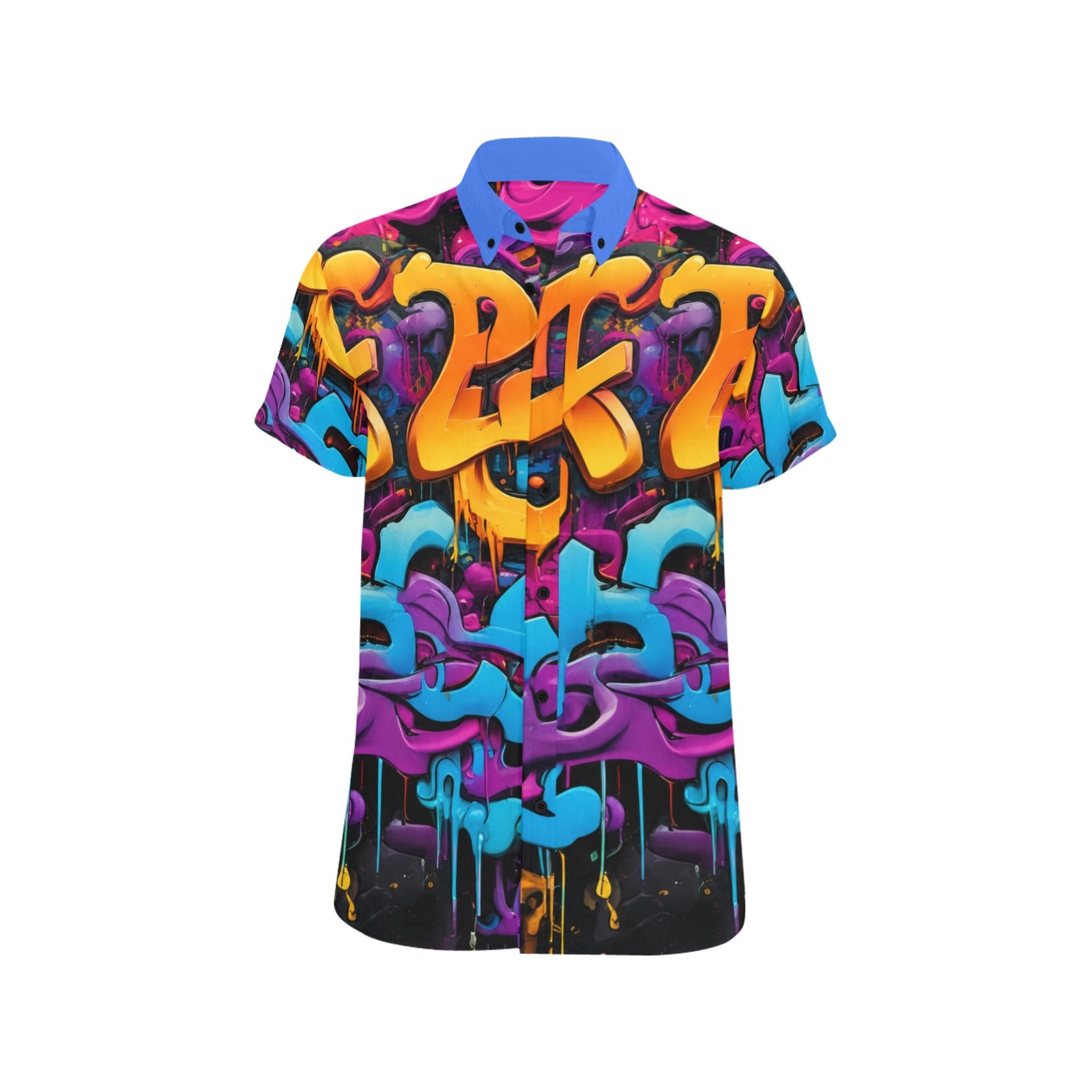 Rich and Rich Graffiti Print Men's Short Sleeved Shirt With Blue Lapel - view 3