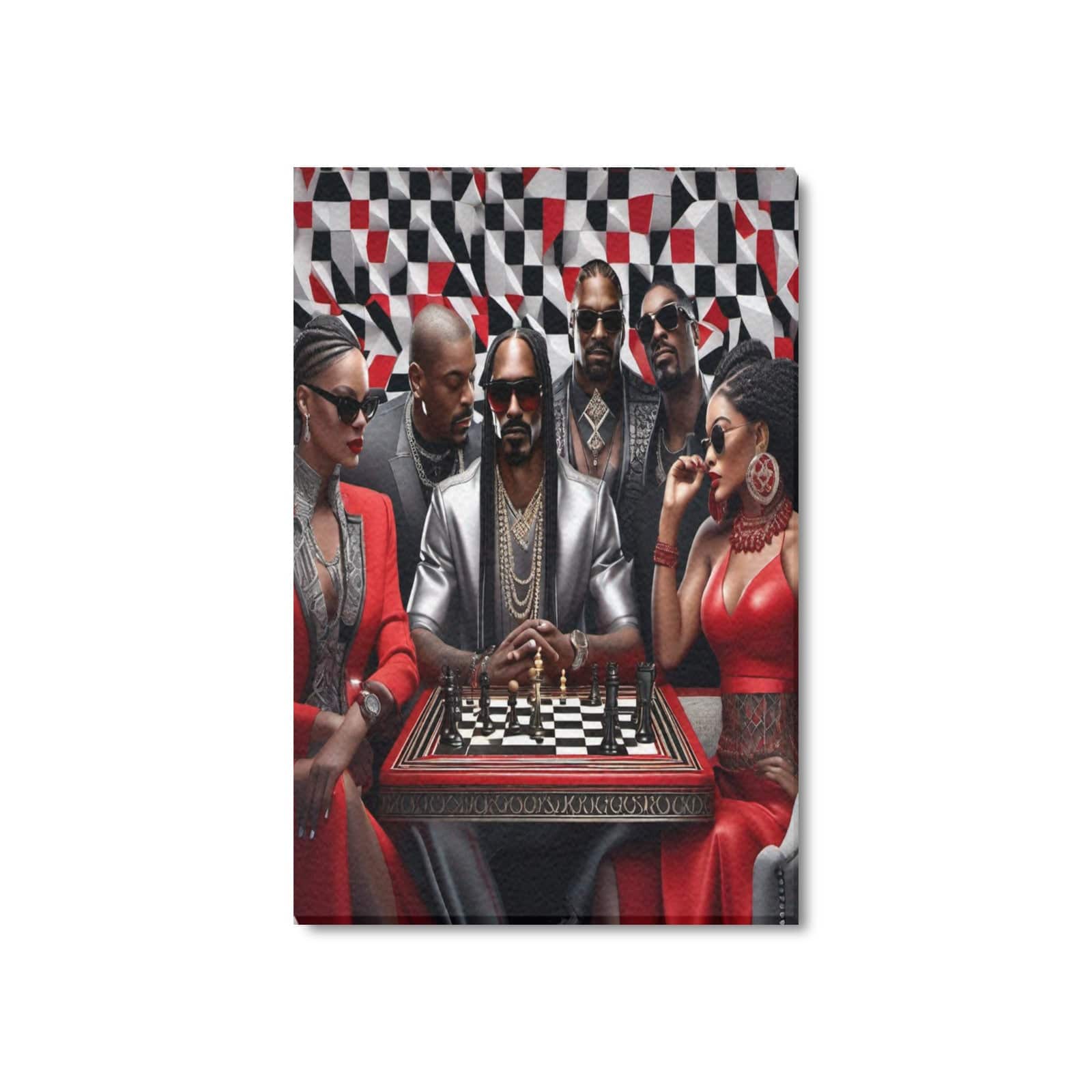 Framed chess-themed canvas print with natural wood frame, 16 by 24 inches — side view