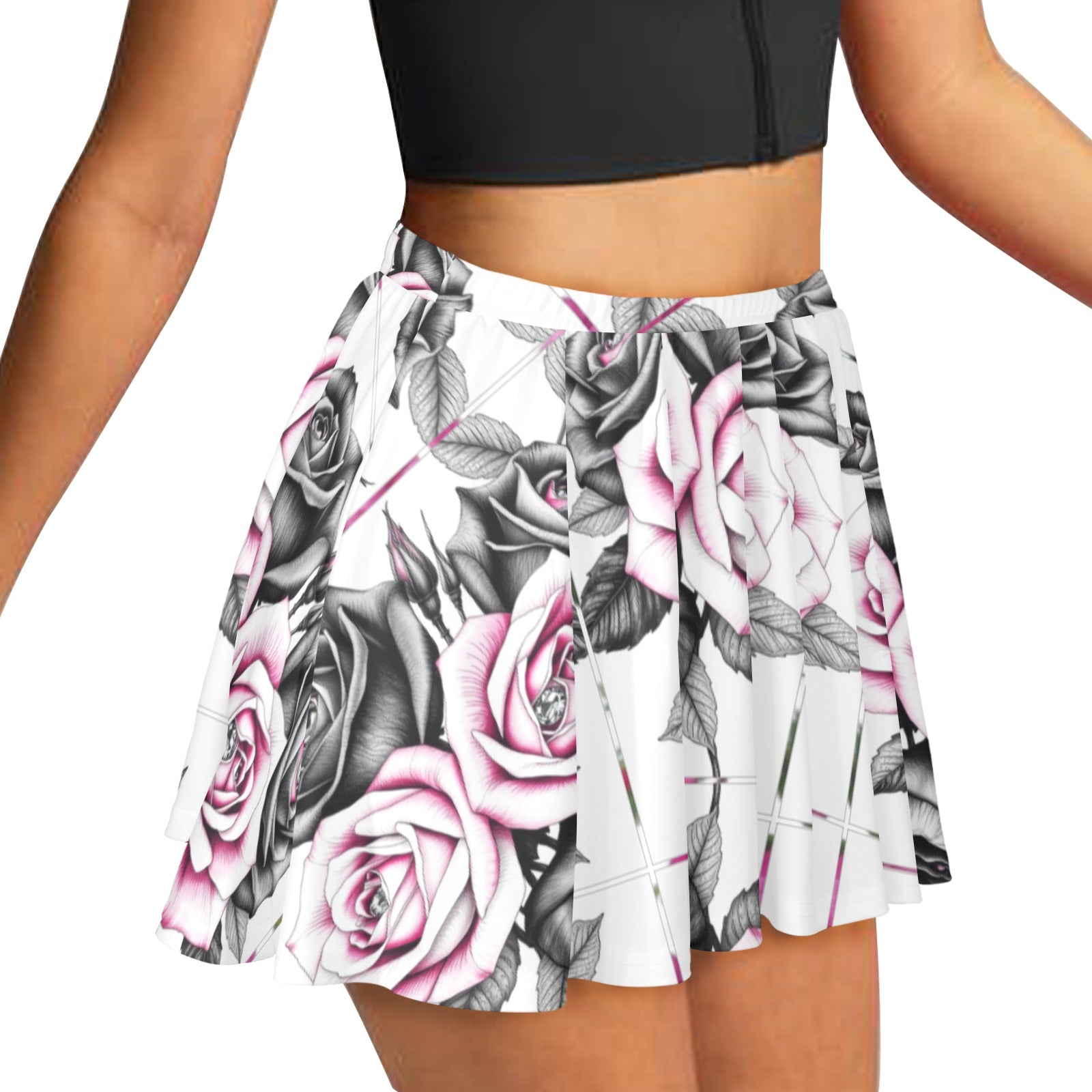 Pink roses printed skater skirt with elastic waistband and mid-thigh length — alternate view