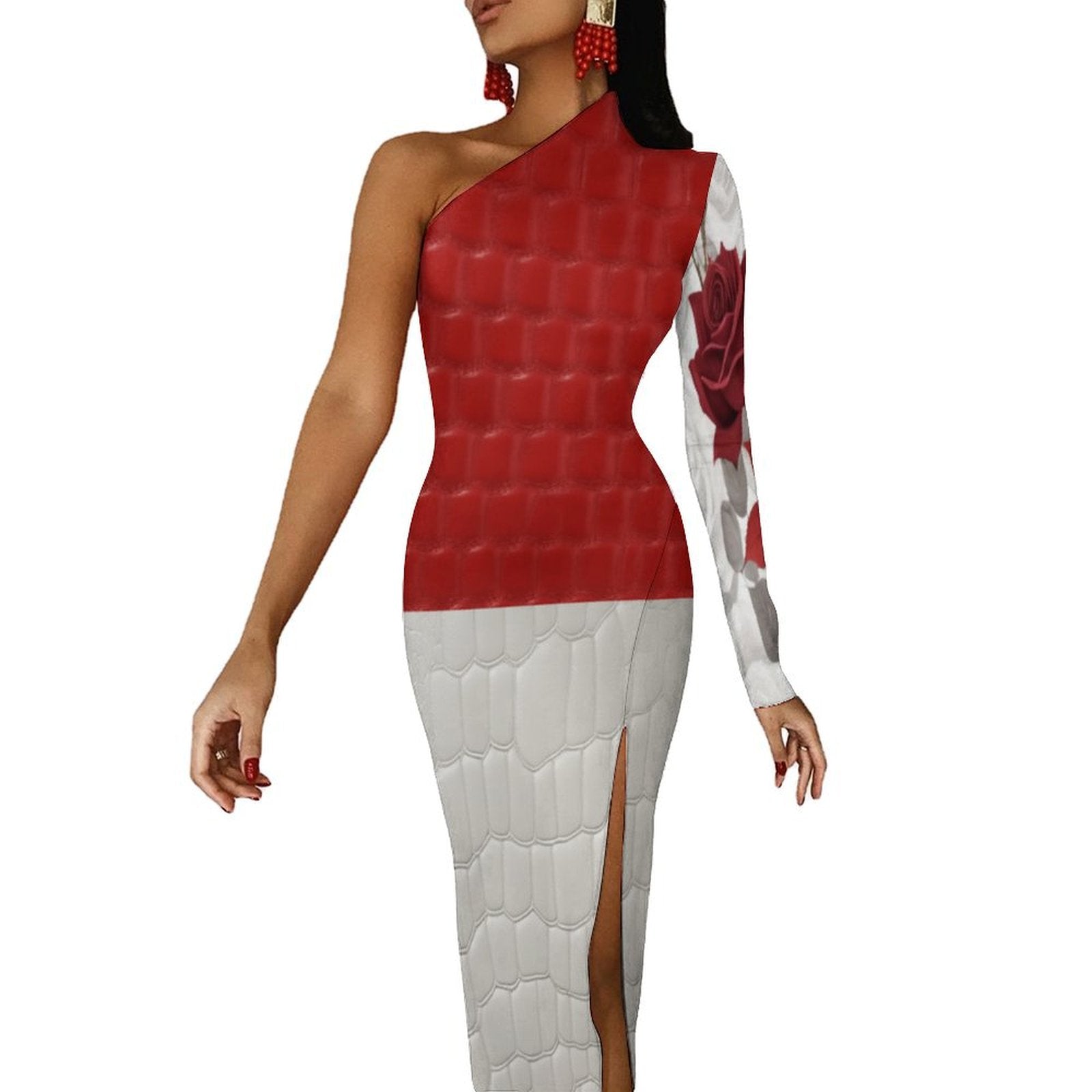 One-shoulder red and white rose maxi dress with padded shoulder and side slit — product detail