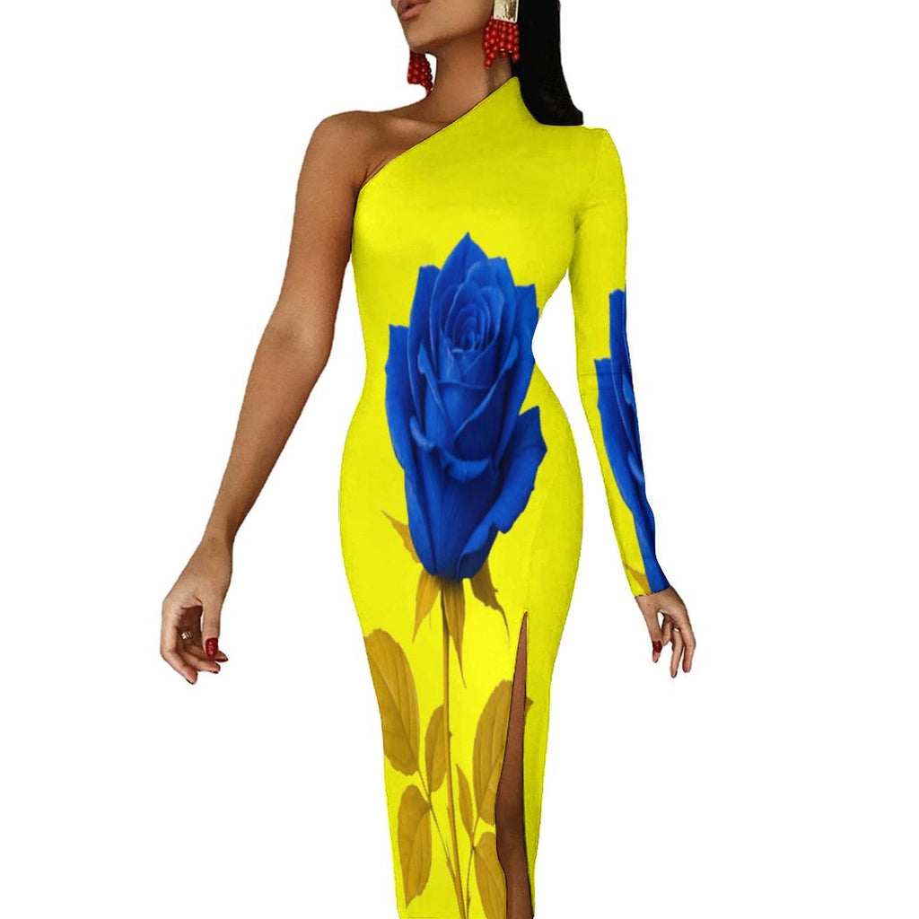 Woman wearing a one-shoulder half sleeve split maxi dress in soft polyester blend