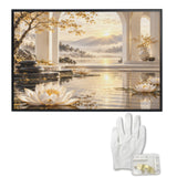 Rich and Rich White Lotus Sanctuary in Golden Light Framed Art 36×24inch