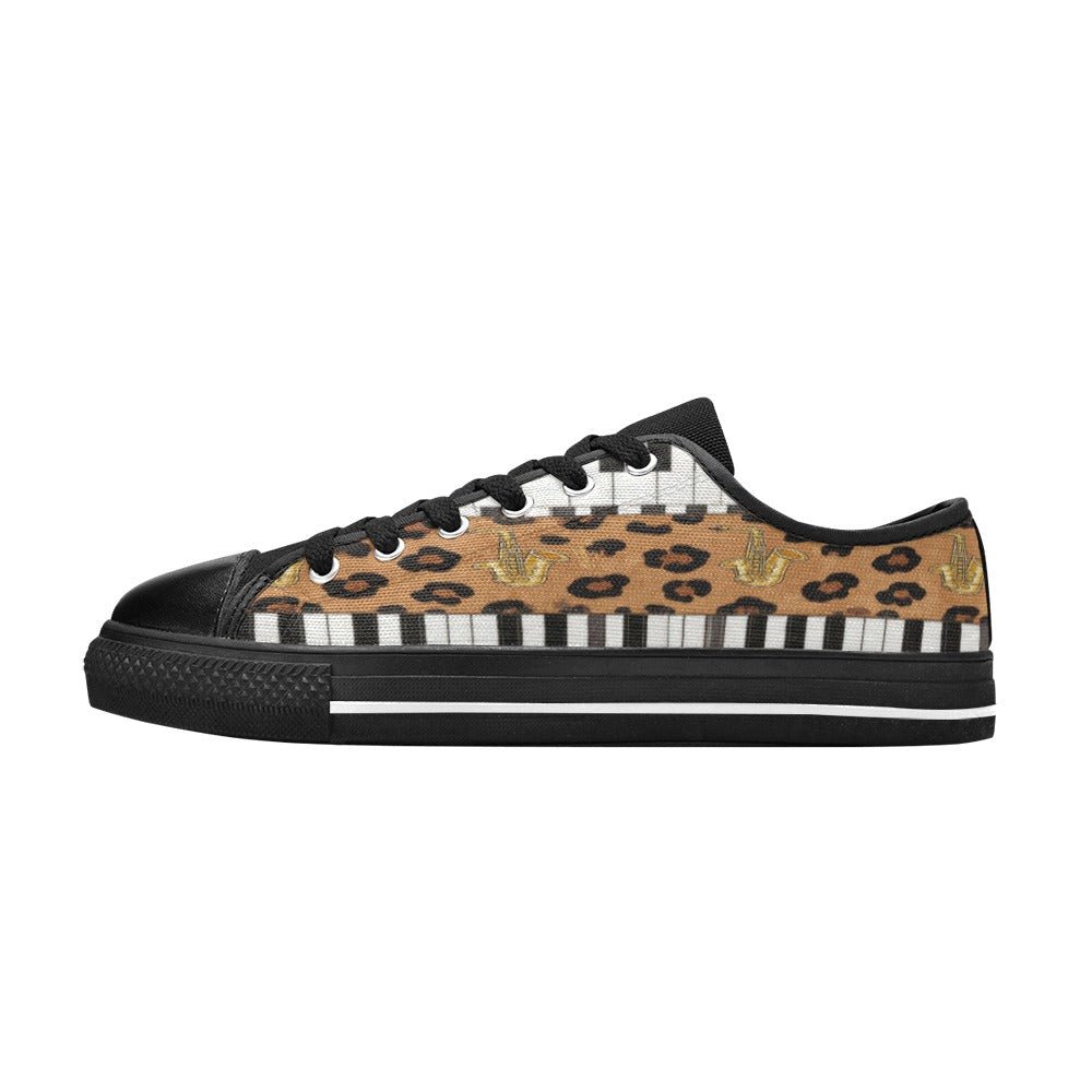 Men’s brown animal-print low-top sneakers with piano and saxophone artwork and streetwear styling — alternate view