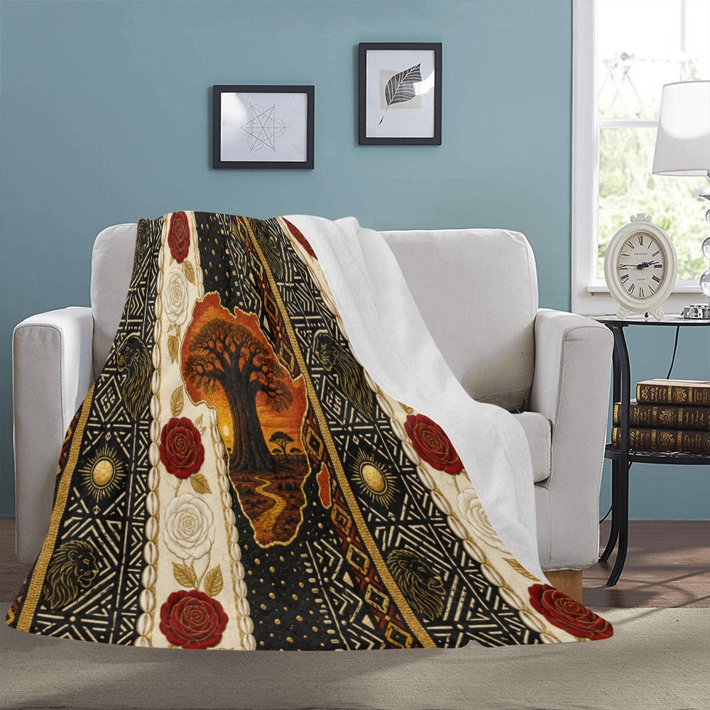 Micro fleece throw with Baobab sunset and tribal patterns in earth tones, 50 by 70 inches — product detail