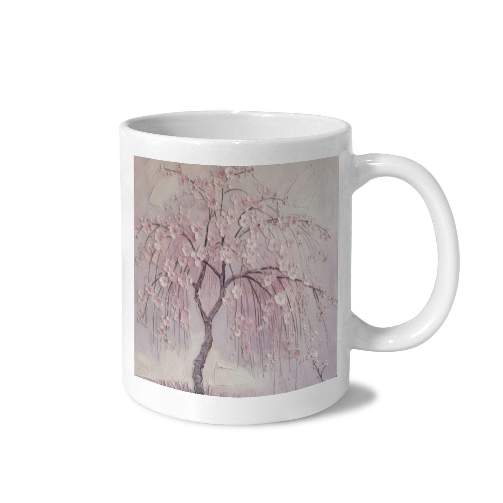 White 11 oz ceramic mug decorated with cherry blossom tree artwork and a crystal sticker decorative finish — alternate view