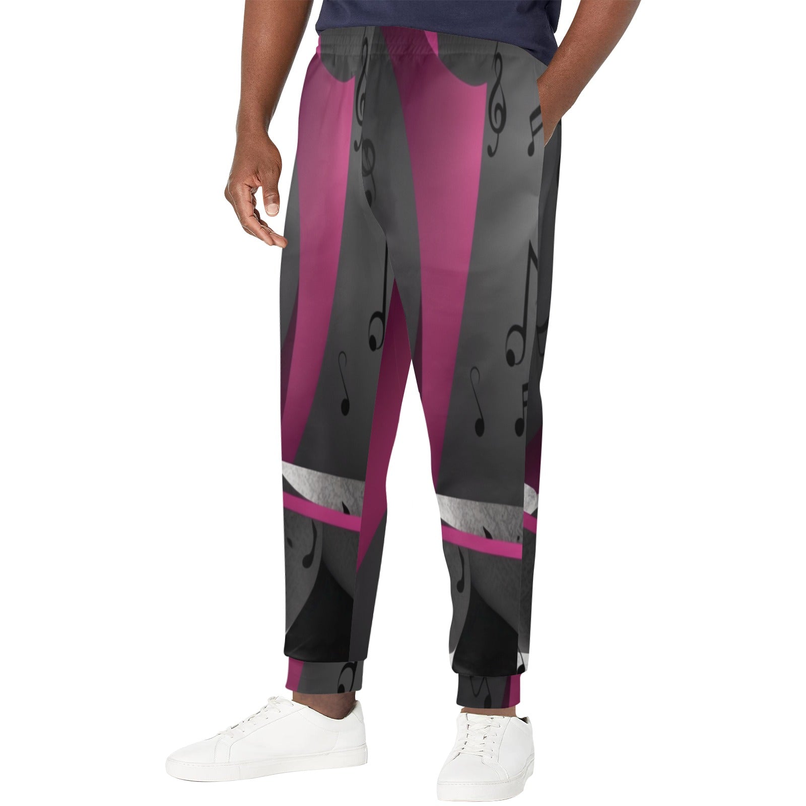 Men's tapered sweatpants with magenta musical notes print and a wide drawstring waistband — alternate view