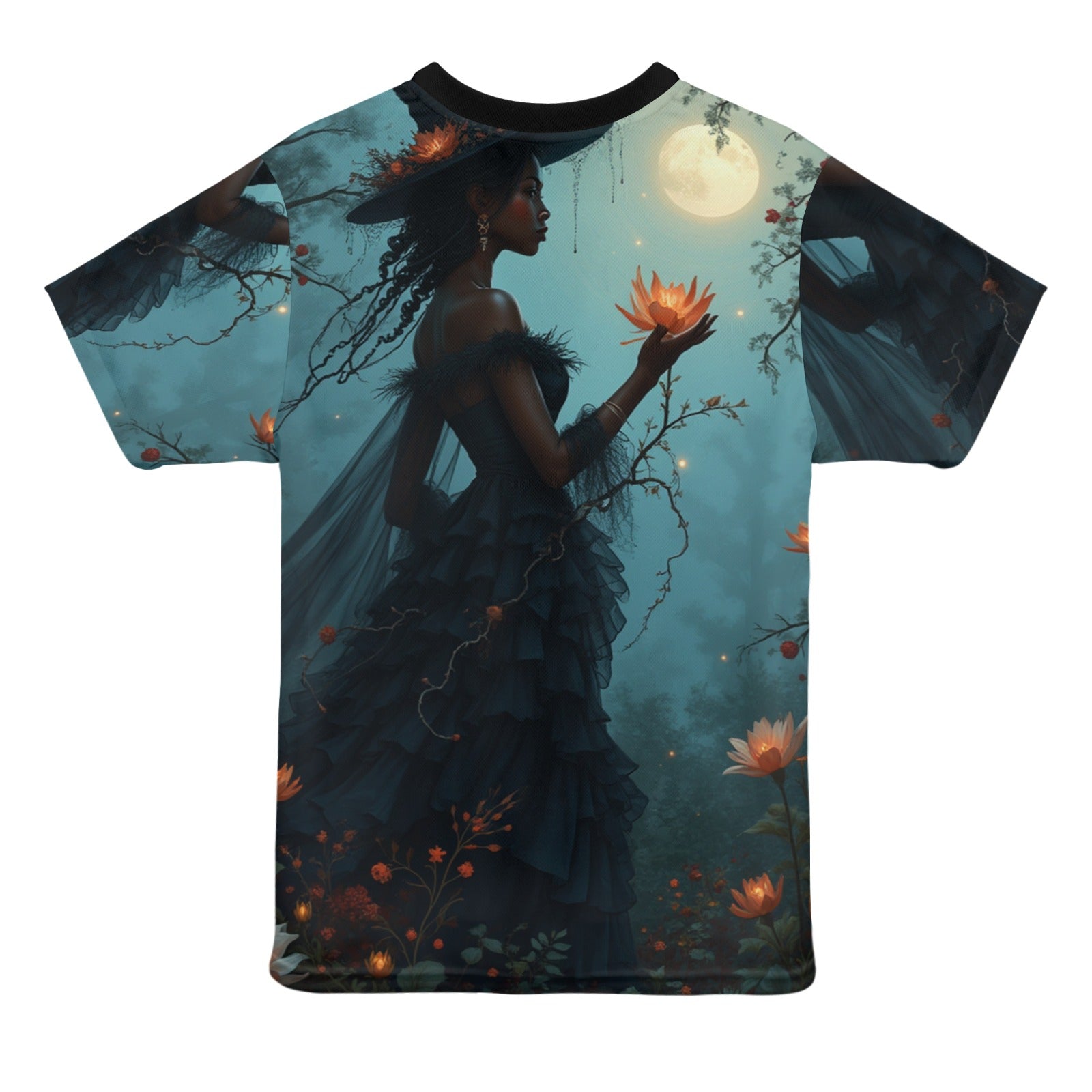 Women's witch-themed Halloween all-over print T-shirt in polyester mesh — side view