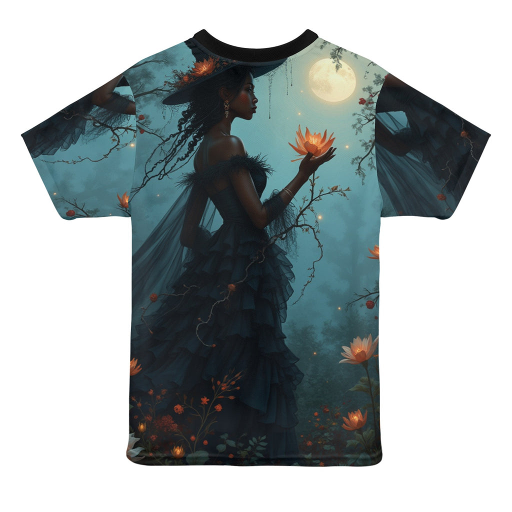 Witch Halloween graphic all-over print women's t-shirt in black with colorful design