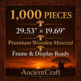 1000-piece wooden mosaic puzzle of a baobab tree silhouette against a sunset in blue and orange — side view
