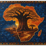 1000-piece wooden mosaic puzzle of a baobab tree silhouette against a sunset in blue and orange — rear view