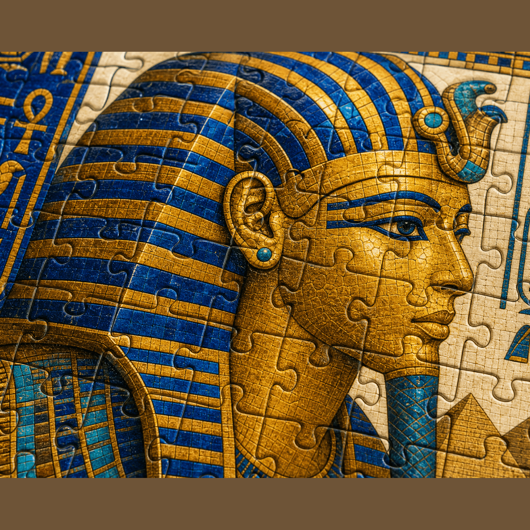 1000-piece wooden mosaic puzzle of a golden pharaoh with hieroglyphics and pyramids in blue and gold — alternate view