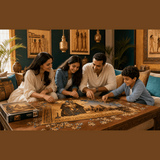 1000-piece wooden mosaic puzzle of a golden pharaoh with hieroglyphics and pyramids in blue and gold — product detail