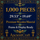 1000-piece wooden mosaic puzzle of a golden pharaoh with hieroglyphics and pyramids in blue and gold — side view