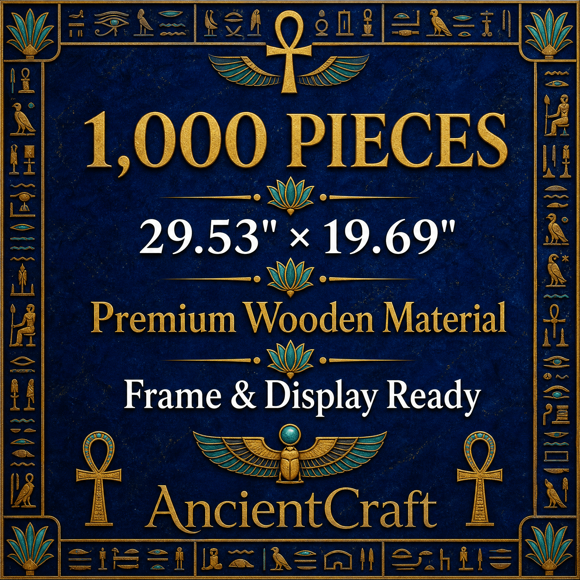 1000-piece wooden mosaic puzzle of a golden pharaoh with hieroglyphics and pyramids in blue and gold — side view