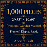 1000-piece wooden mosaic puzzle showing West African Juba dancers in indigo, coral, and gold — side view