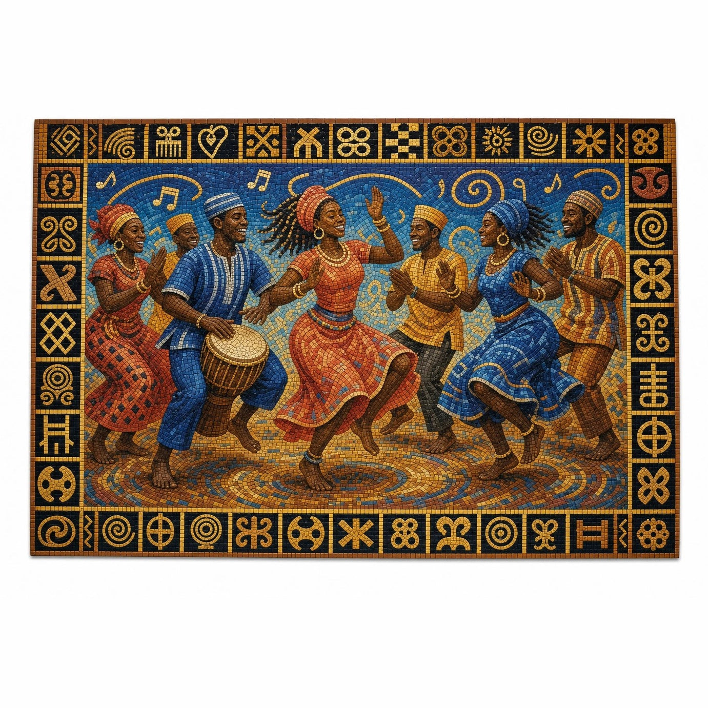 1000-piece wooden mosaic puzzle showing West African Juba dancers in indigo, coral, and gold — rear view