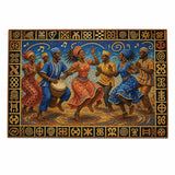 1000-piece wooden mosaic puzzle showing West African Juba dancers in indigo, coral, and gold — rear view