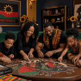 1000-piece wooden mosaic puzzle with figures raising a Juneteenth flag in red, black, and green — product detail