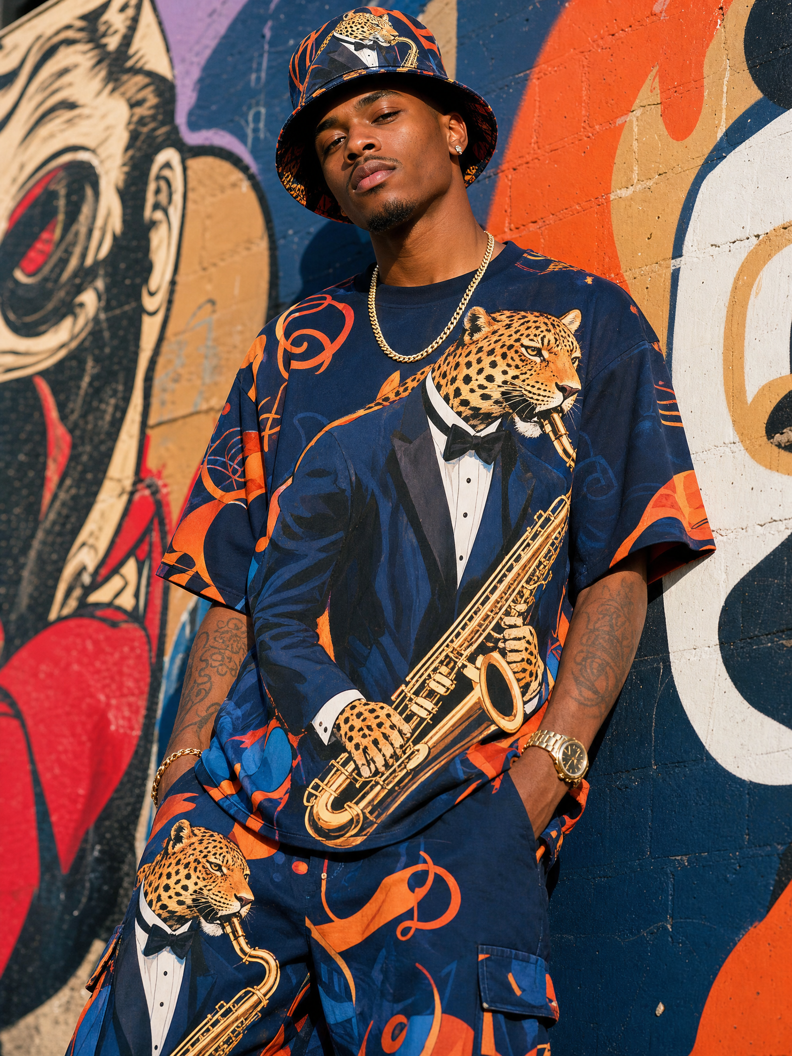 R&RH Leopard Saxophone Bucket Hat — model wearing product