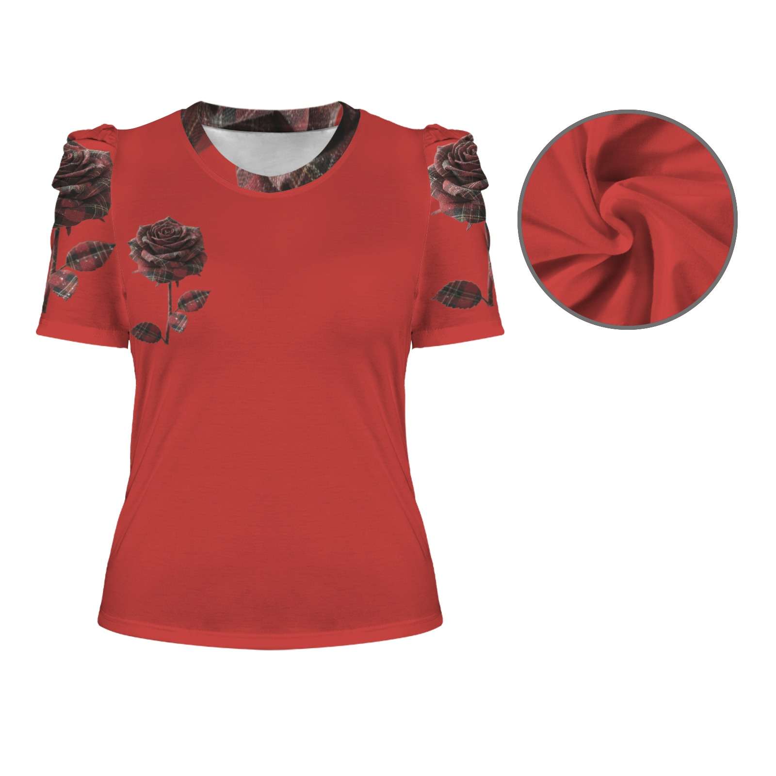 Women's crew neck puff sleeve T-shirt with red rose all-over print — side view