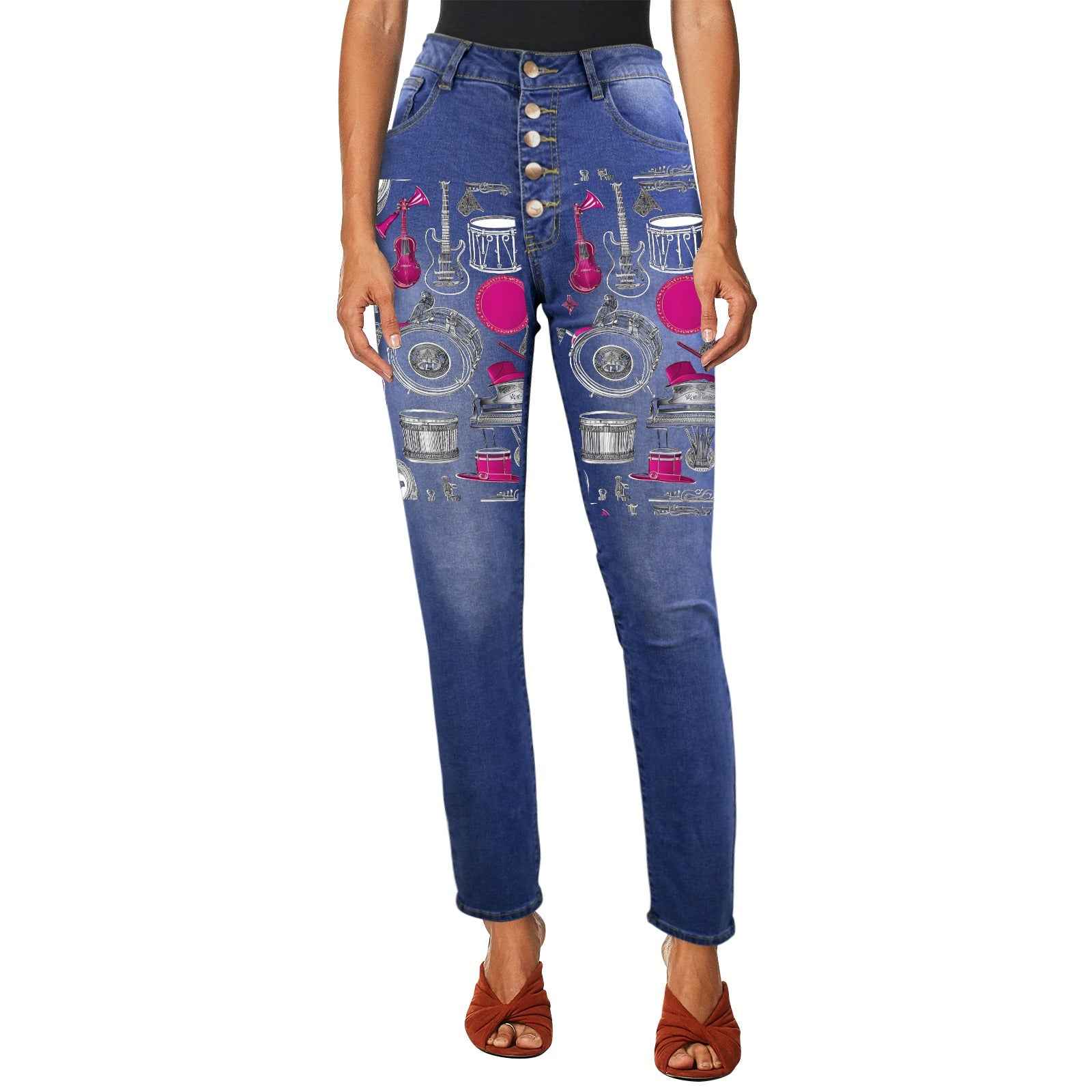Women's high-waist jeans with musical embroidery on front and five-button closure