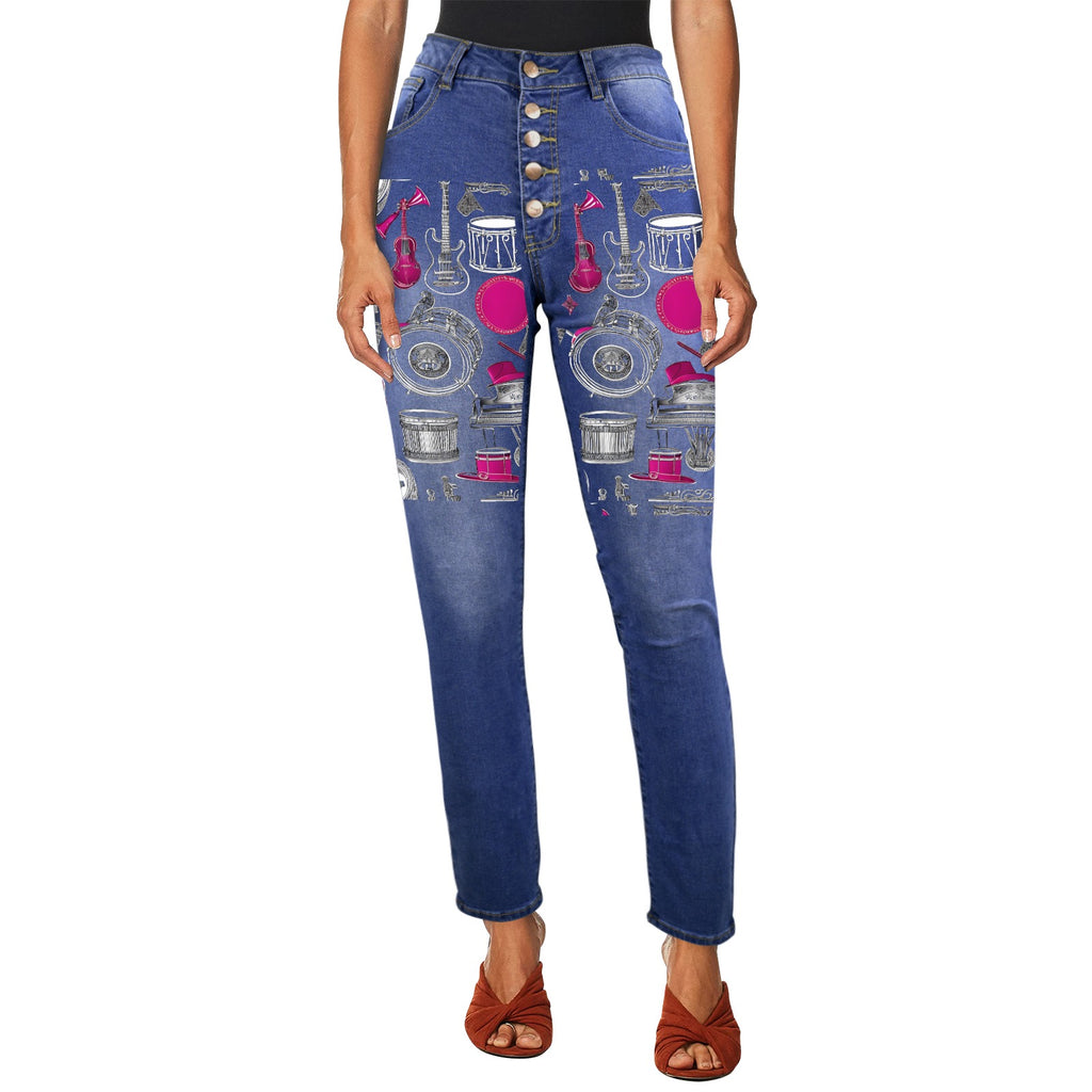R&RH Embroidery Musical Design Womens Jeans Women's Jeans (Front Printing)