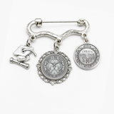 Chess Girl Talk decorative metal brooch with two round photo charms and a small graduation cap charm on a pin
